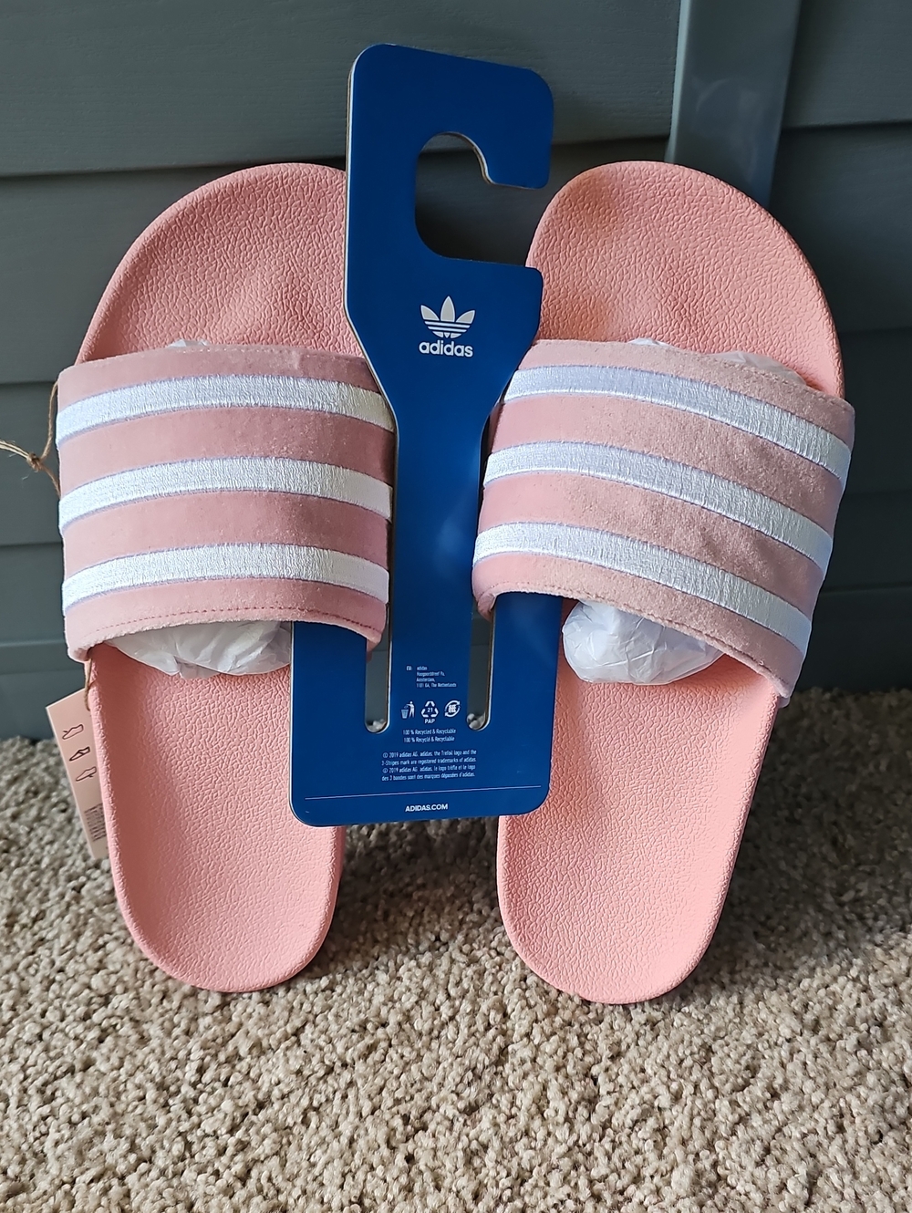 New Adidas Pink and White Adilette Velvet slides